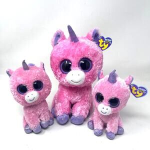 Ty Beanie Boos Magic Plush Lot of 3 - 6" & 9" Pink Unicorn Purple Solid Eyes